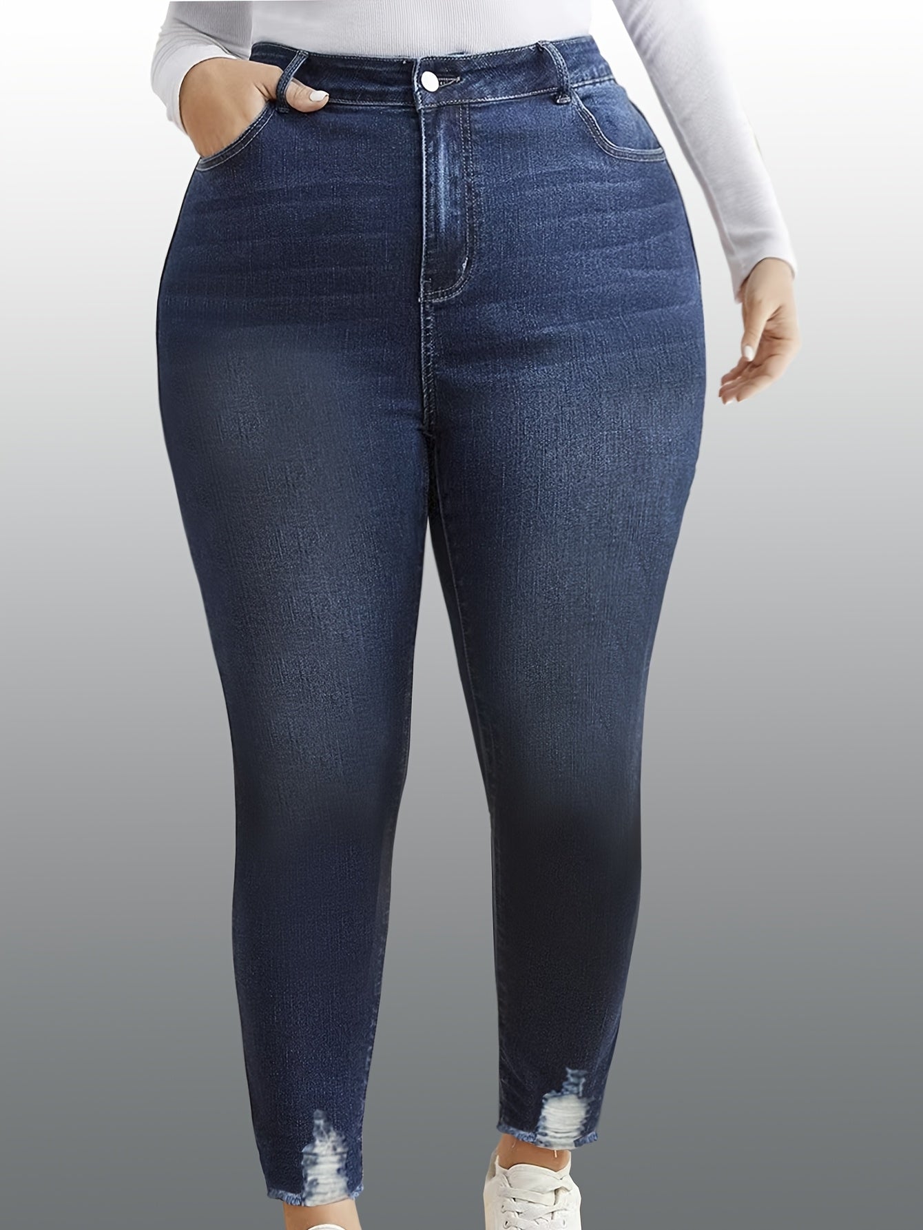 Women's Plus Size High Stretch Distressed Edge Jeans with Hairy Legs