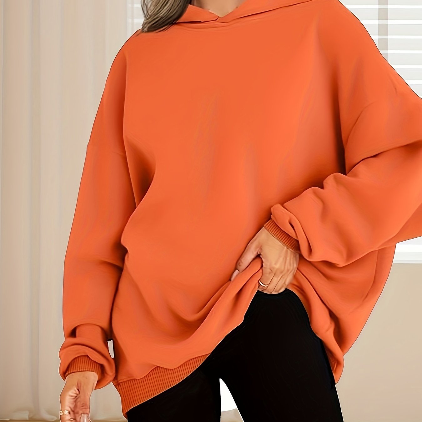 Plus Size Women Hoodie Solid Color Long Sleeve Casual Sweatshirt