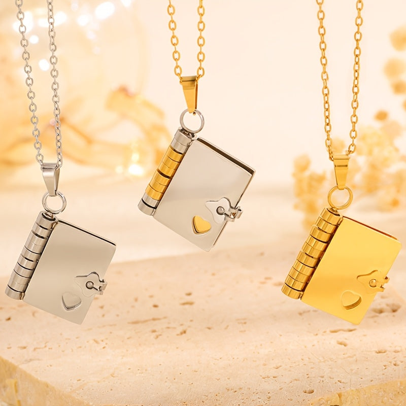 Stainless Steel Book Pendant Necklace for Couples 18K Gold Plated Fashion Jewelry