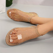 Women's Rhinestone Mesh Flat Shoes with Crystal Embellishments and Rubber Sole