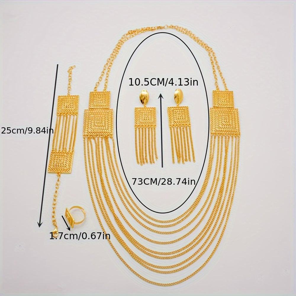 Gold Plated Jewelry Set with Dangle Earrings Necklace Bracelet Ring for Engagement Wedding