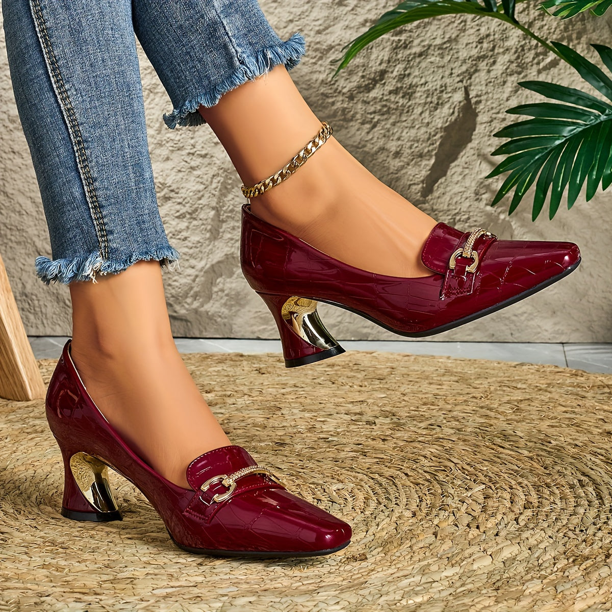 Women'S Square Toe High Heels Synthetic Embossed Gold Buckle
