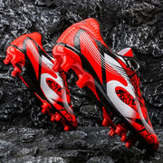Men's Red and Black High-Top Soccer Cleats with Long Studs Breathable PU Upper Rubber Sole