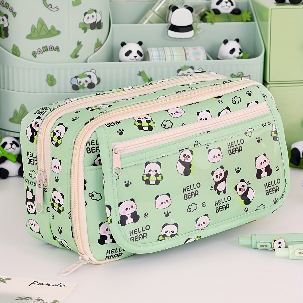 Kids Boys Girls Panda Cartoon Pencil Case with Multi-Layer Organizer Oxford Fabric Storage Box