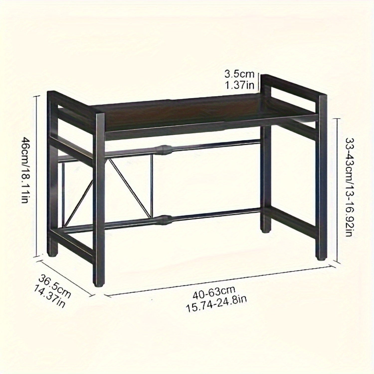 Compact black countertop microwave stand with two tiers, 6 hooks, durable metal