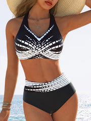 Women's High-Waisted Geometric Bikini Set with Adjustable Straps and High-Elastic Polyester