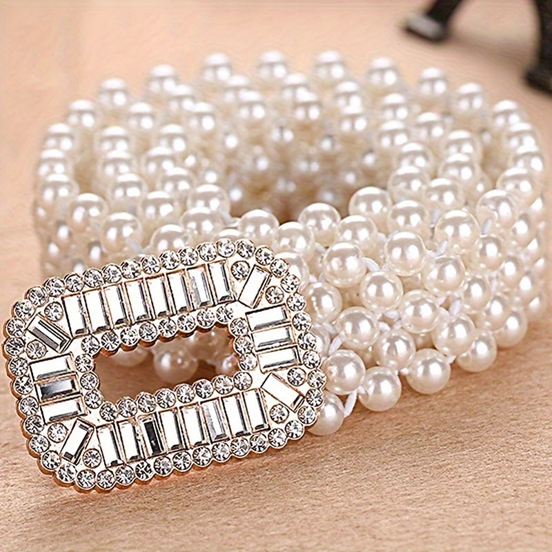Women Beaded Elastic Waist Belt with Rhinestone Buckle for Dresses and Outerwear