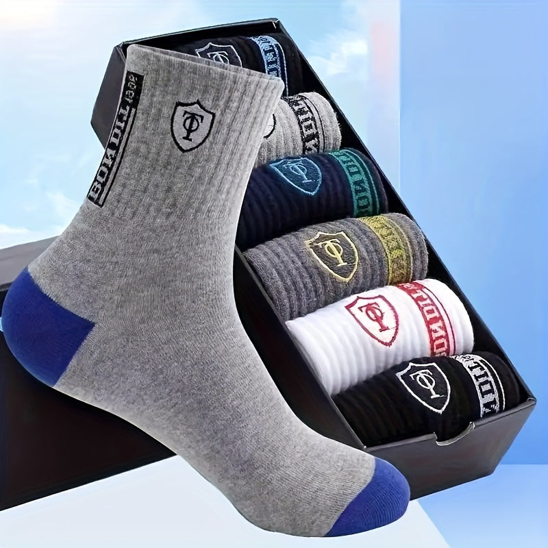 Men's Cotton Sports Socks 6 Pairs Sweat-Wicking Embroidered Knit Mixed Colors Machine Washable