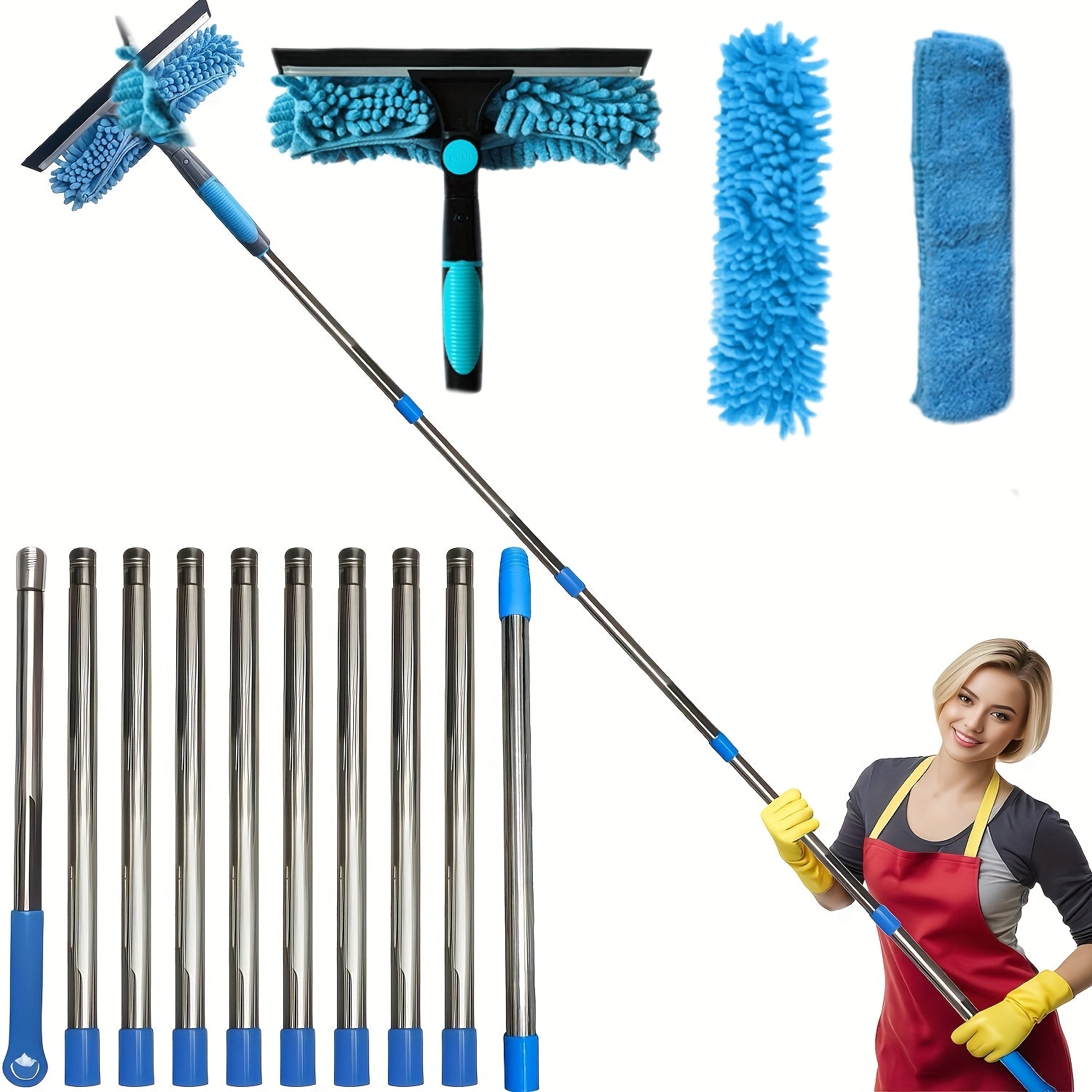 1 Retractable Window Cleaning Brush Kit with Telescopic Rod, Stainless Steel Handle, and Reusable Microfiber Pad - Includes High Reach Outdoor and Glass Cleaning Tool, Machine Washable, No Power Needed, 1 Rotatable Head, 2 Interchangeable Brushes Blue