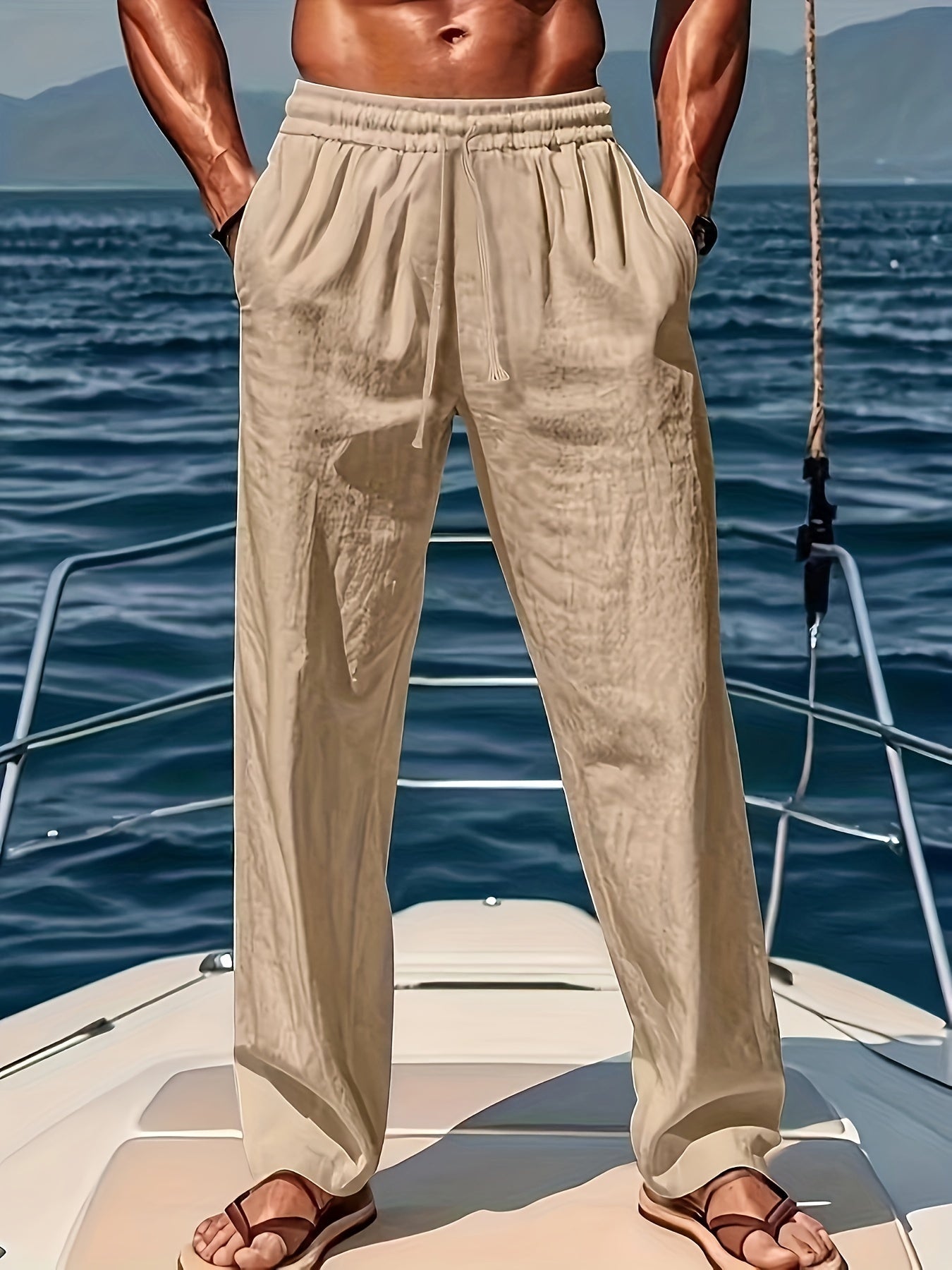Pantalones de playa de algodón de talla grande para hombre con cordón, color sólido, bolsillos, casuales, de pierna recta
