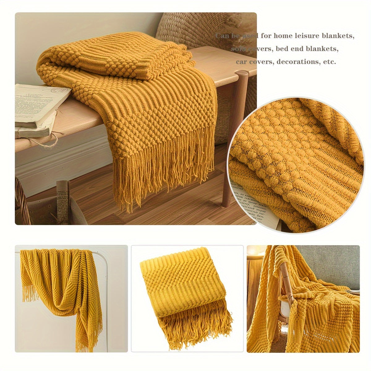 Warm Knitted Throw Blanket for Sofa Bed Car All Seasons with Tassels