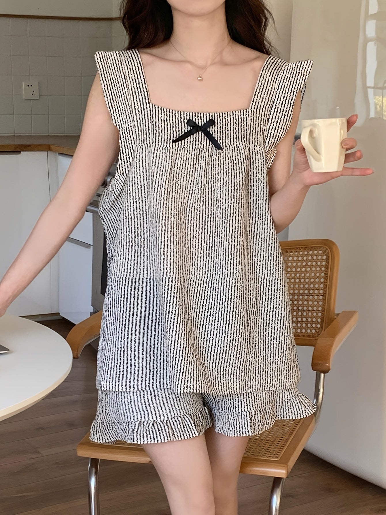 Conjunto de pijama de verano para mujer, rayas, sin mangas, manga corta, microelástico, poliéster