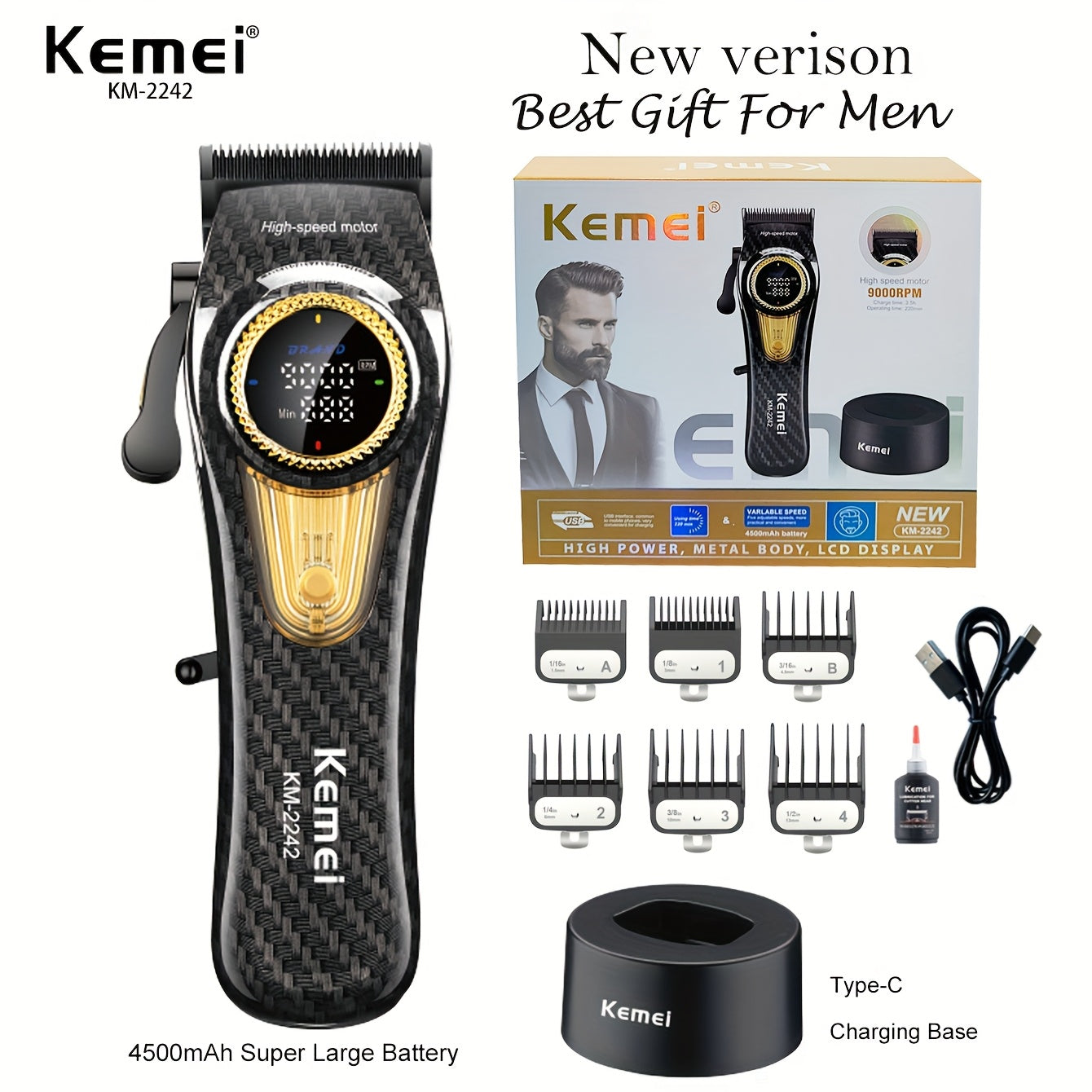 Cortapelos de alta gama KM-2242 con recortadora eléctrica y base de carga, herramienta profesional para cortes de cabello