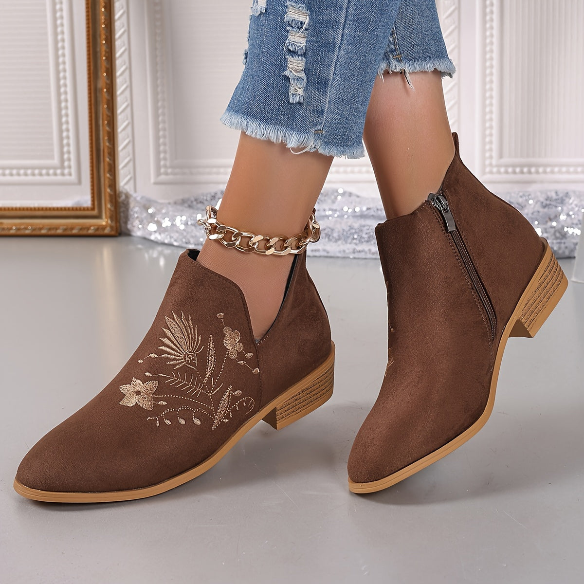 Women Embroidered Fabric Ankle Booties Round Toe Zip Mid-Heel French Heels