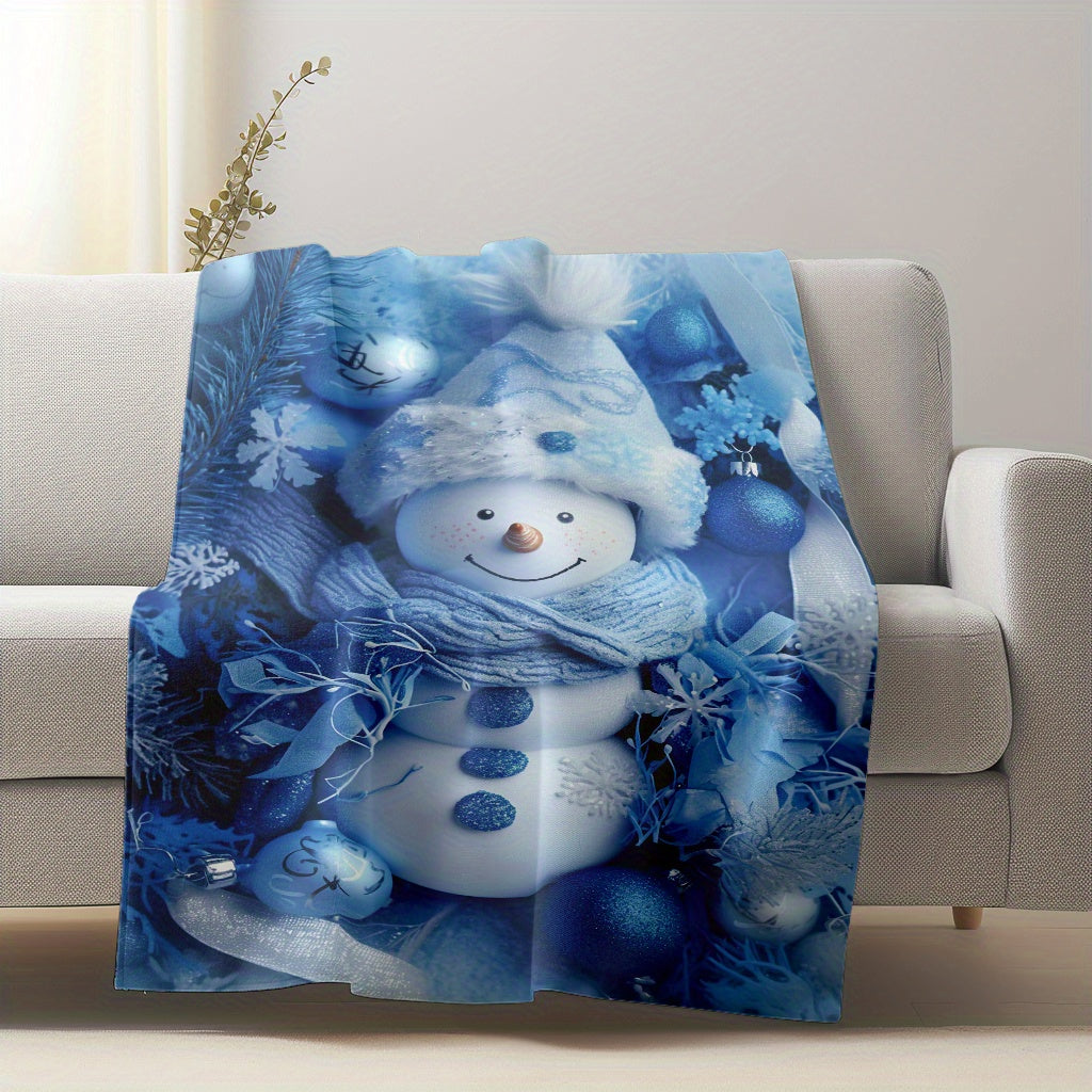 Warm Flannel Fleece Blanket with Snowman Blue Print for Cozy Use All Seasons