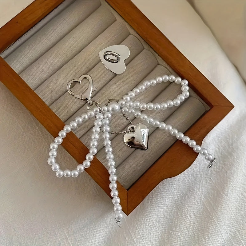 Large Heart-Shaped Metal Pendant with Pearl Bow for Women Girls Mobile Phone Camera Bag Keychain
