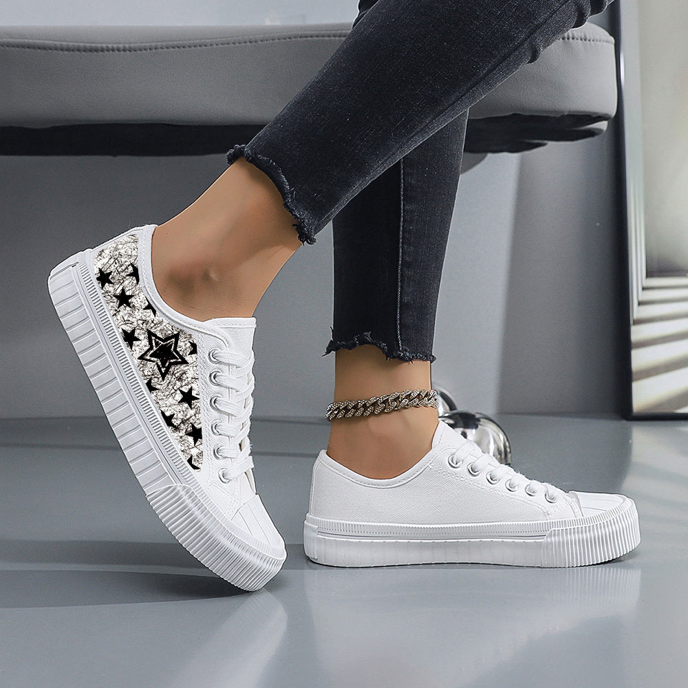 Women's Black White Star Print Casual Sneakers Low-Top Lace-Up Skate Shoes