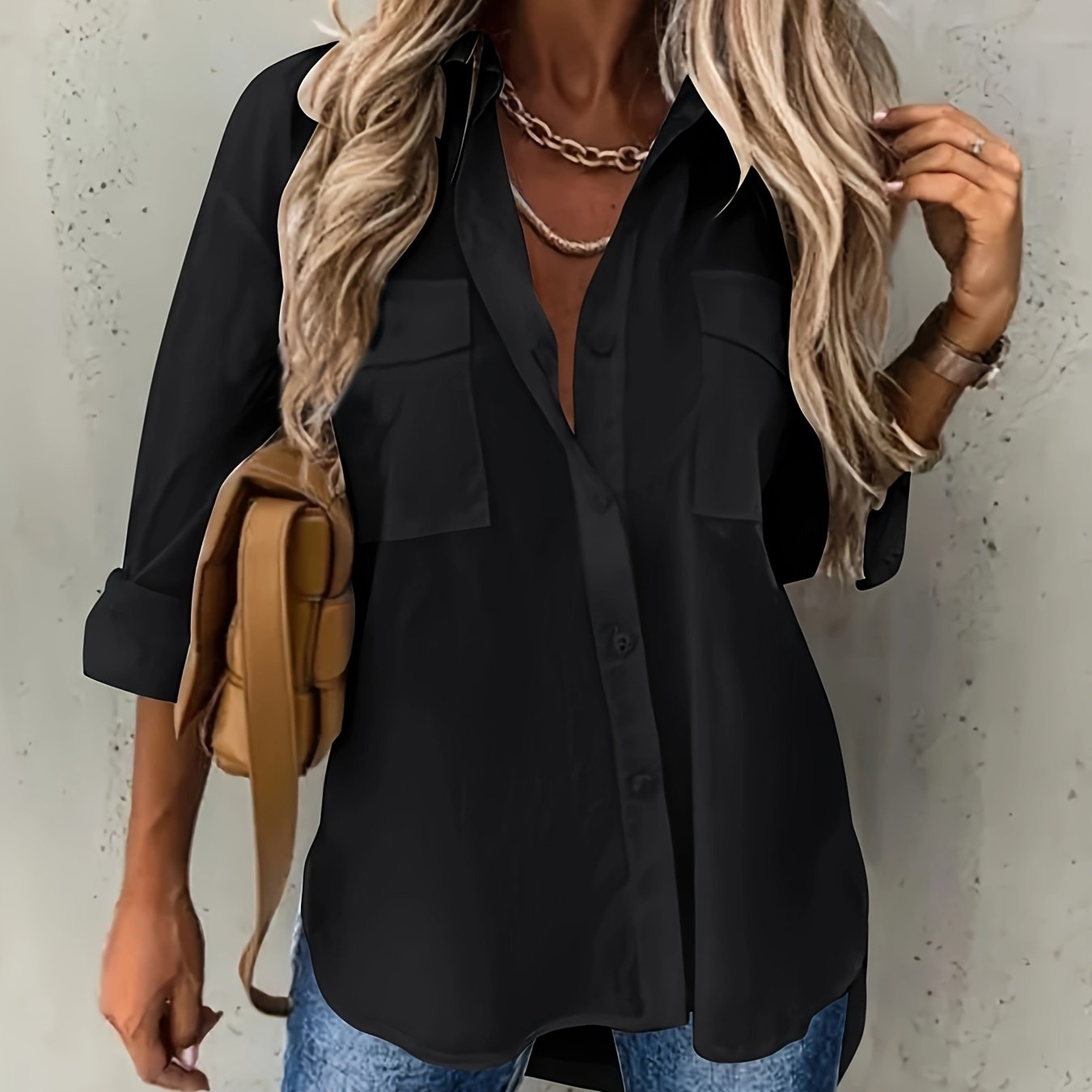 Women's Plus Size Casual Cotton Blend Blouse with Solid Color Long Sleeves and Lapel Collar
