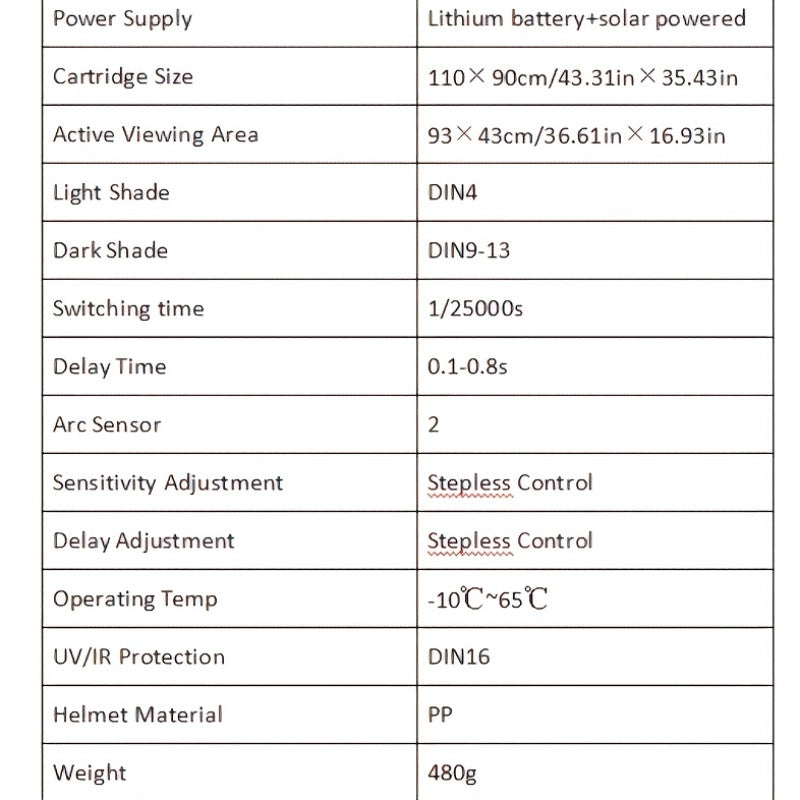Solar-Powered Welding Helmet with Adjustable Shade UV IR Protection Lightweight Plastic
