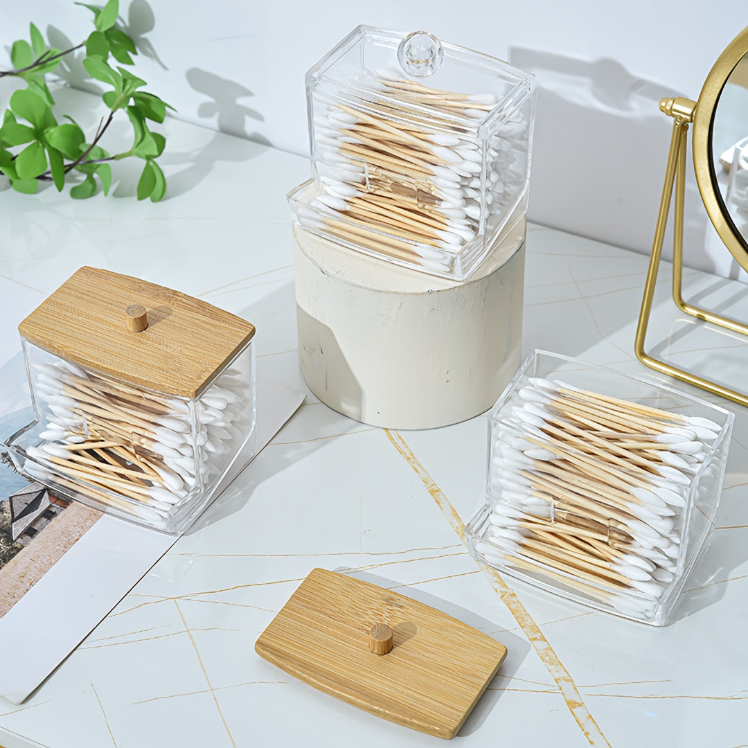 Caja de almacenamiento para baño de acrílico con tapa de bambú o plástico para cosméticos y accesorios
