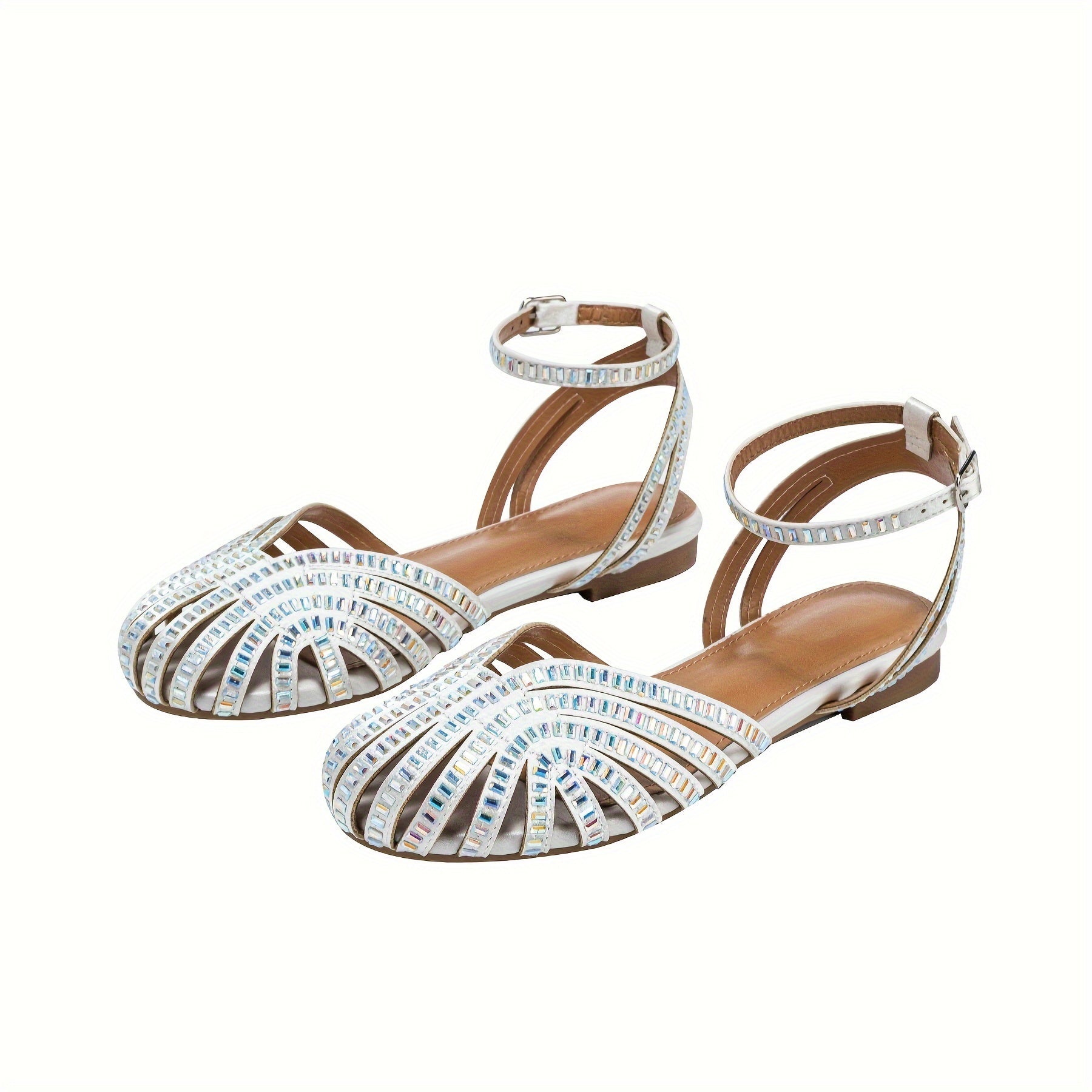 Women's Beige Flat Sandals with Rhinestones Ankle Strap for Summer Parties