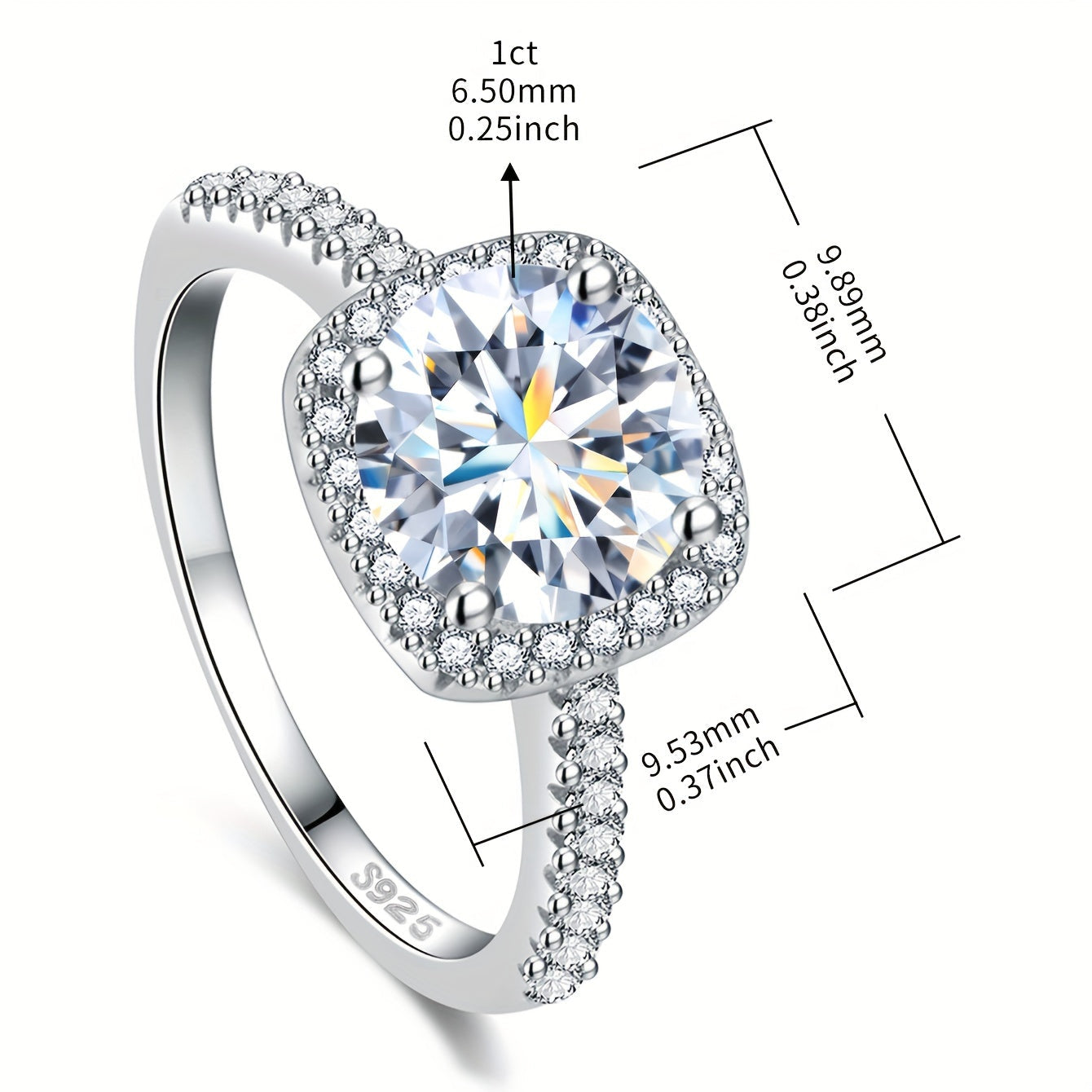 Square Moissanite Ring for Women 1 Carat Sterling Silver Wedding Anniversary Gift