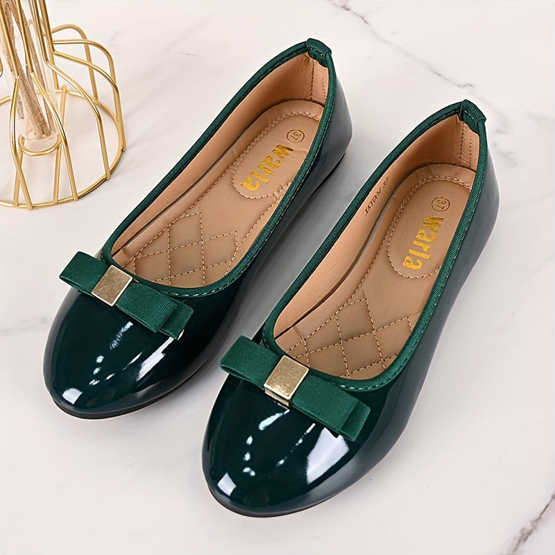 Women's Emerald Green Glossy Mary Jane Flats with Bow, Slip-On, Comfort