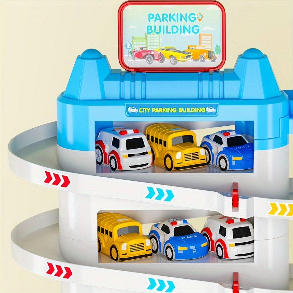Kids Blue Plastic Car Garage Playset with Parking Lot Ambulance Police Car and School Bus