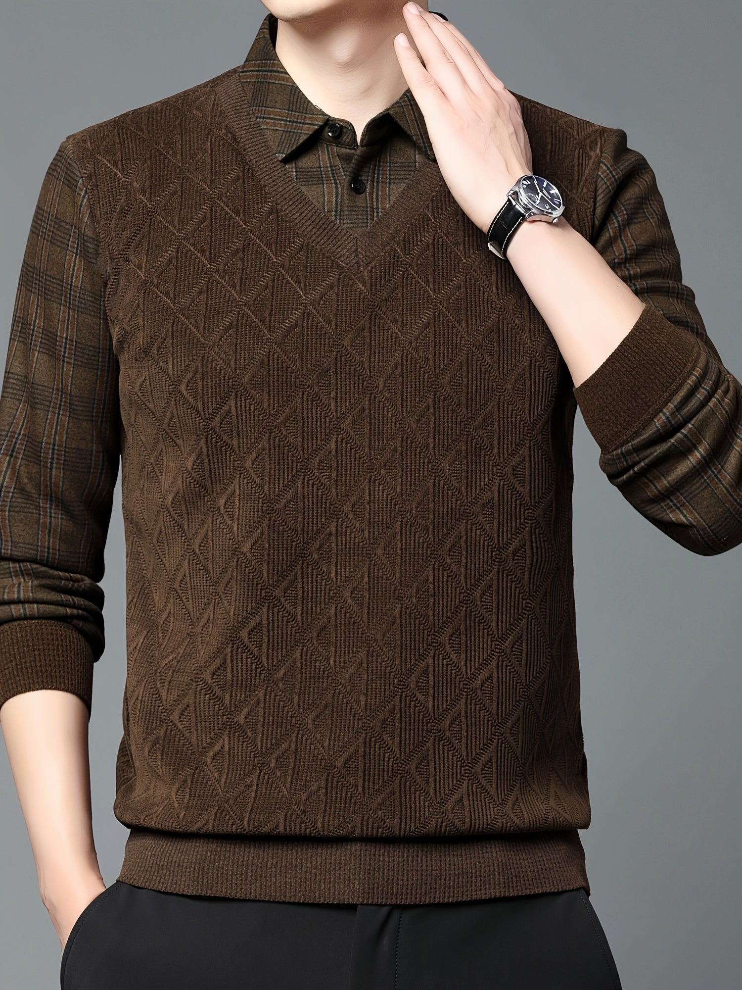 Men's Winter Sweatshirt with Velvet-Lined Collar, Striped Knit Fabric, Long Sleeve Casual Top