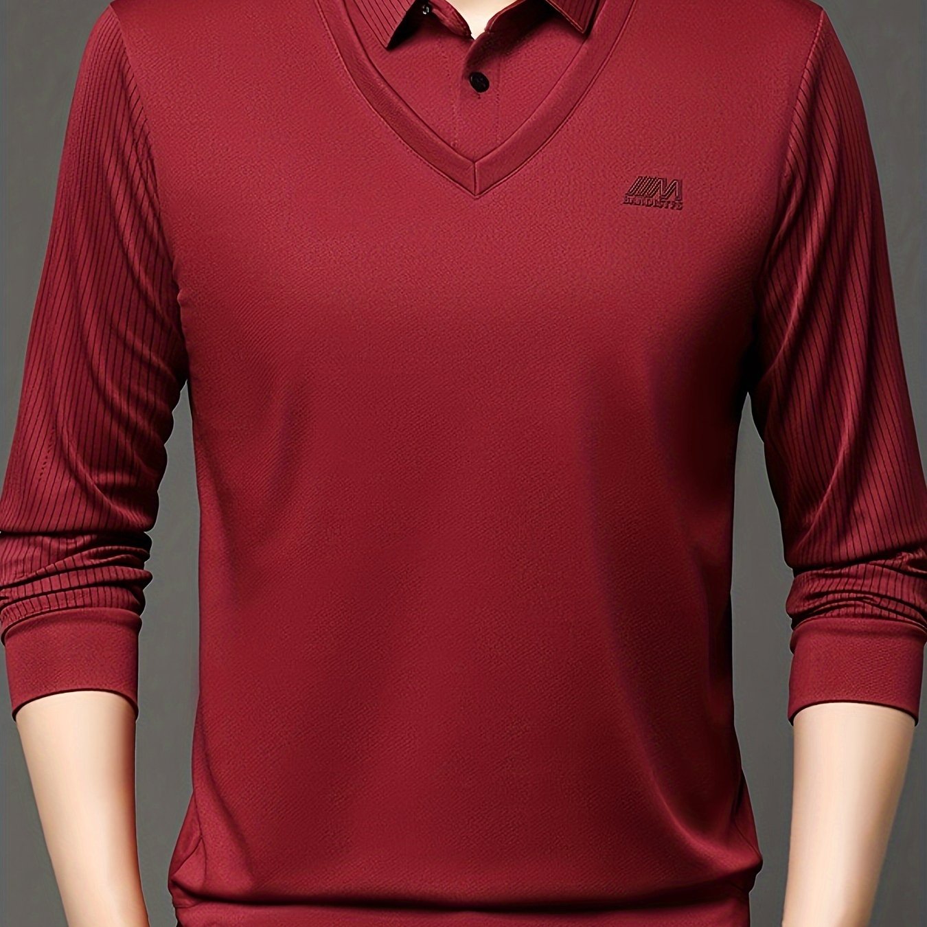 Suéter de punto a rayas casual para hombre con diseño de capas falsas y detalles de botones