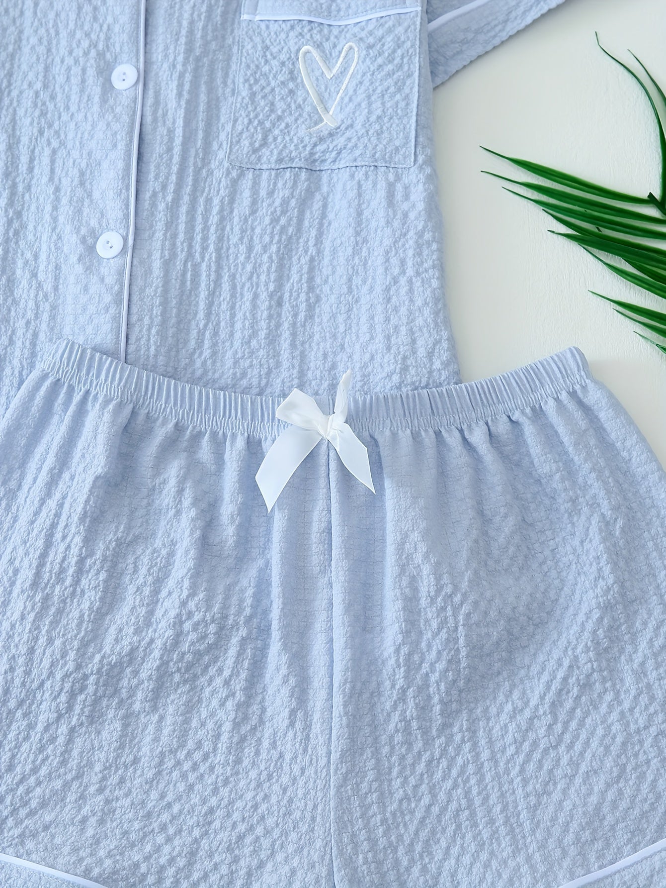 Women's Light Blue Heart Embroidery Pajama Set Short Sleeve Top and Shorts Sleepwear