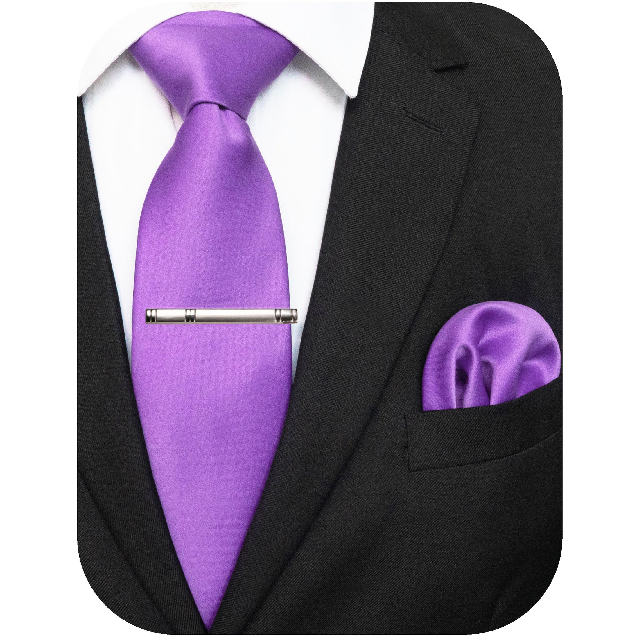 Men's Solid Color Tie and Pocket Square Set with Tie Clip for Business and Wedding