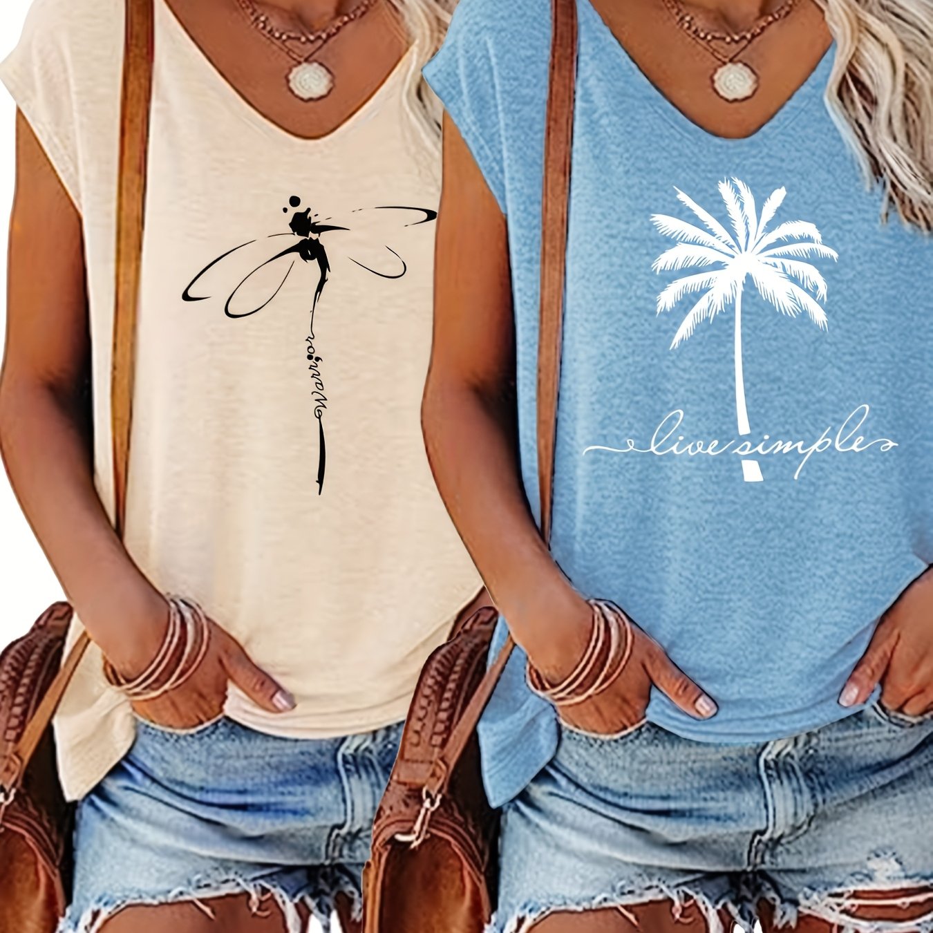 Plus Size Women's V-Neck Vests Two-Piece Set Floral Palm Tree Spring Summer Fabric