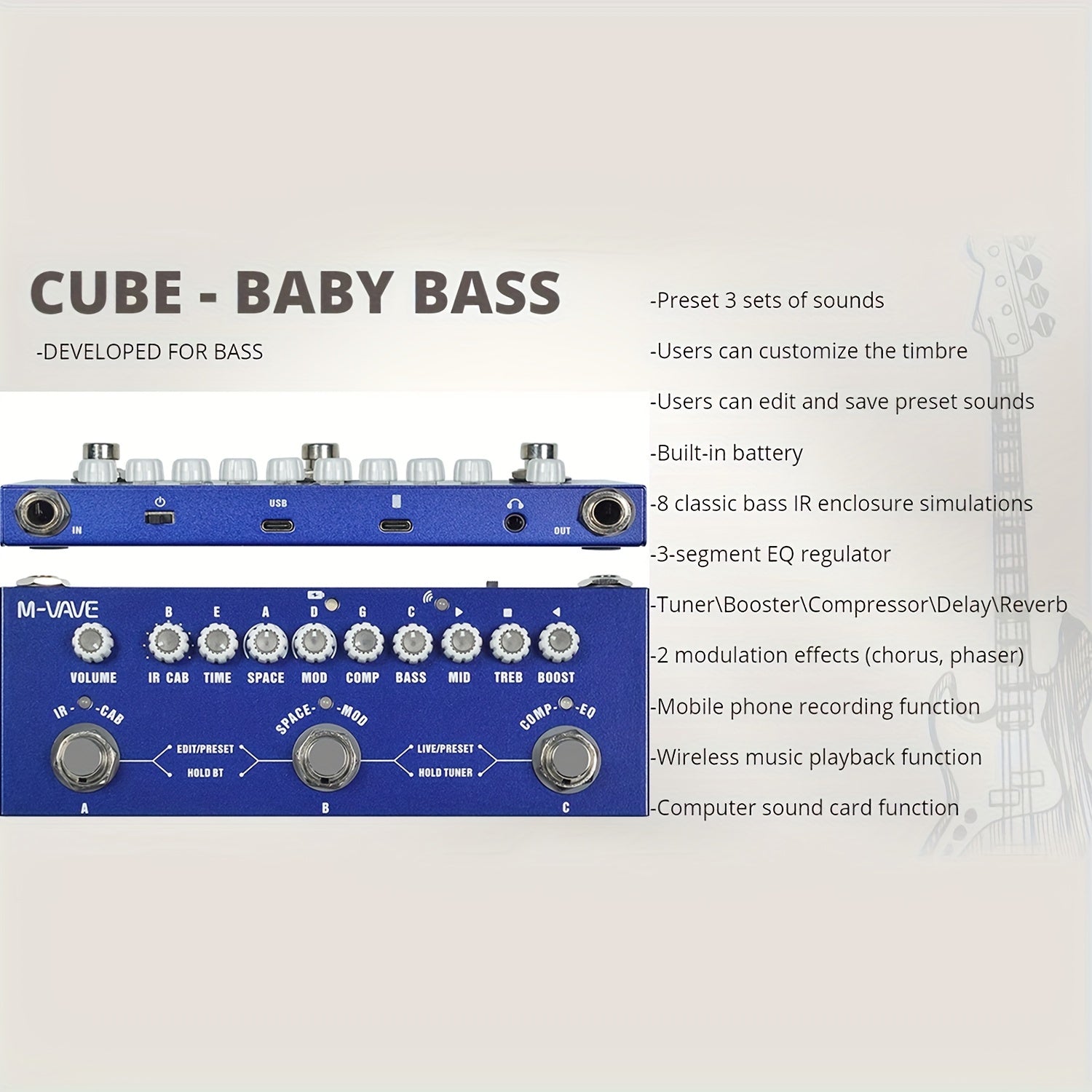 M-VAVE Portativ 3-in-1 Gitara Pedali - Elektron, Bas va Akustik Gitaralar uchun USB Zaryadlanadigan Effektlar Protsessori - Rangli Kodlangan Tugmalar, Haqiqiy O'tish, LCD Ko'rsatkich bilan Mustahkam Temir Qurilish