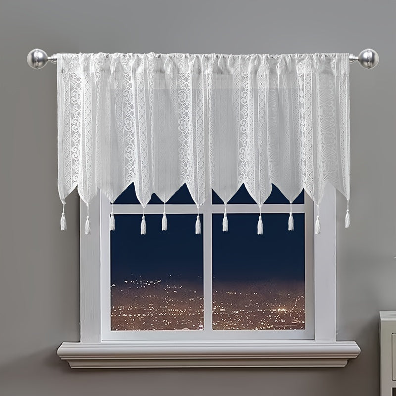 Cortina de encaje floral blanca con borlas, semi-translúcida, con bolsillos para barra, para sala de estar y cocina