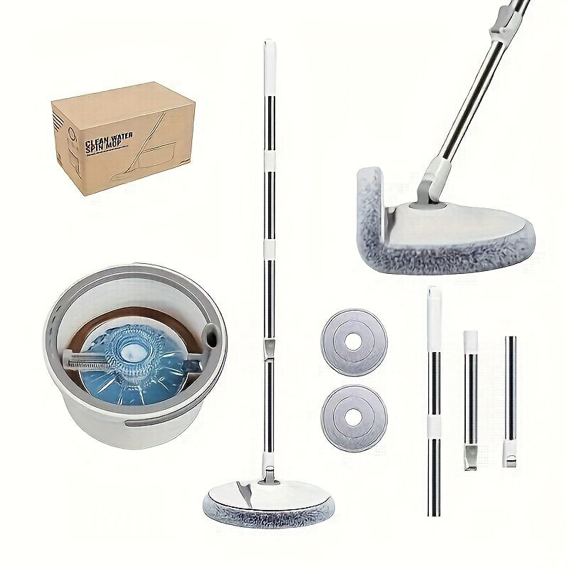 Универсальный набор для уборки дома: складное ведро для швабры серого и белого цвета с выдвижной ручкой, 360° вращающаяся головка, два водных отсека и 2 насадки - идеально подходит для уборки любых полов.