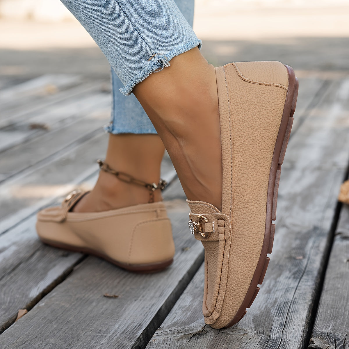 Women’s Faux Leather Slip-On Loafers with Crystal Accents Beige Non-Slip Sole