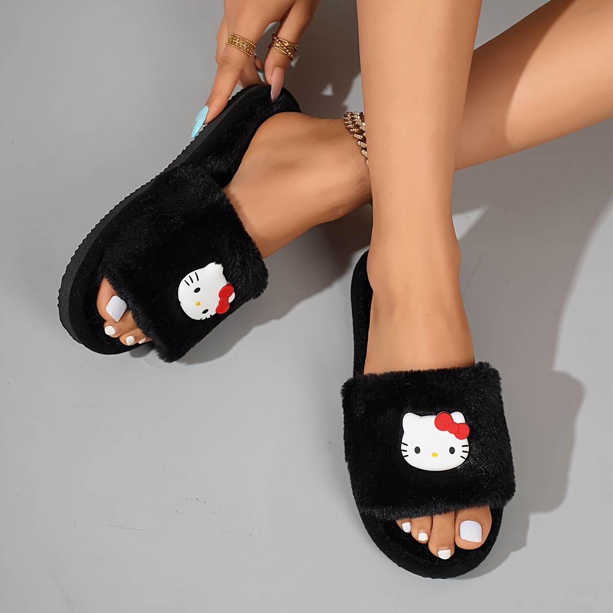 Women's Faux Fur Slip-On Slippers with Bow Decor Indoor Outdoor Comfortable