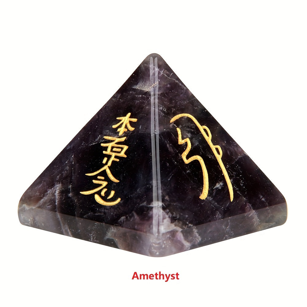 Hand-Carved Reiki Symbol Pyramid Natural Stone with Healing Crystals for Meditation and Gift
