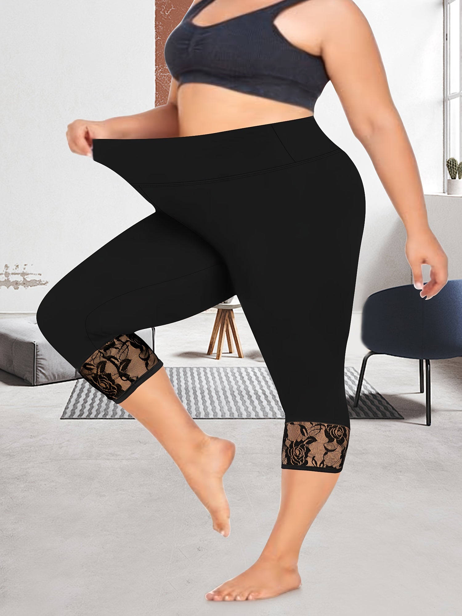 Women's Plus Size High-Waist Capri Leggings with Lace Trim Stretchy Solid Color