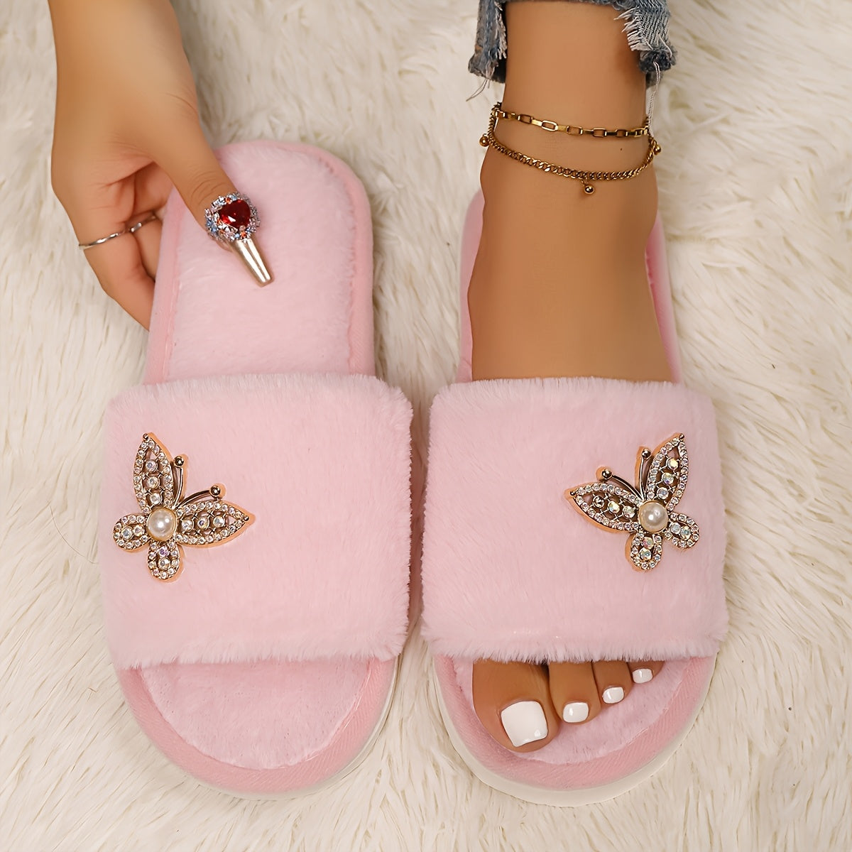 Women's Plush Butterfly Slippers Open-Toe Soft Comfortable Indoor Use