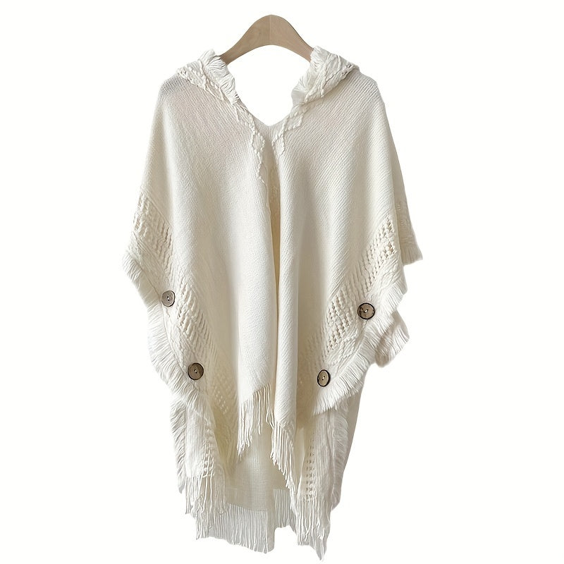 White Bohemian Style Fringed Hooded Poncho for Women Knitted Sweater Casual Shawl