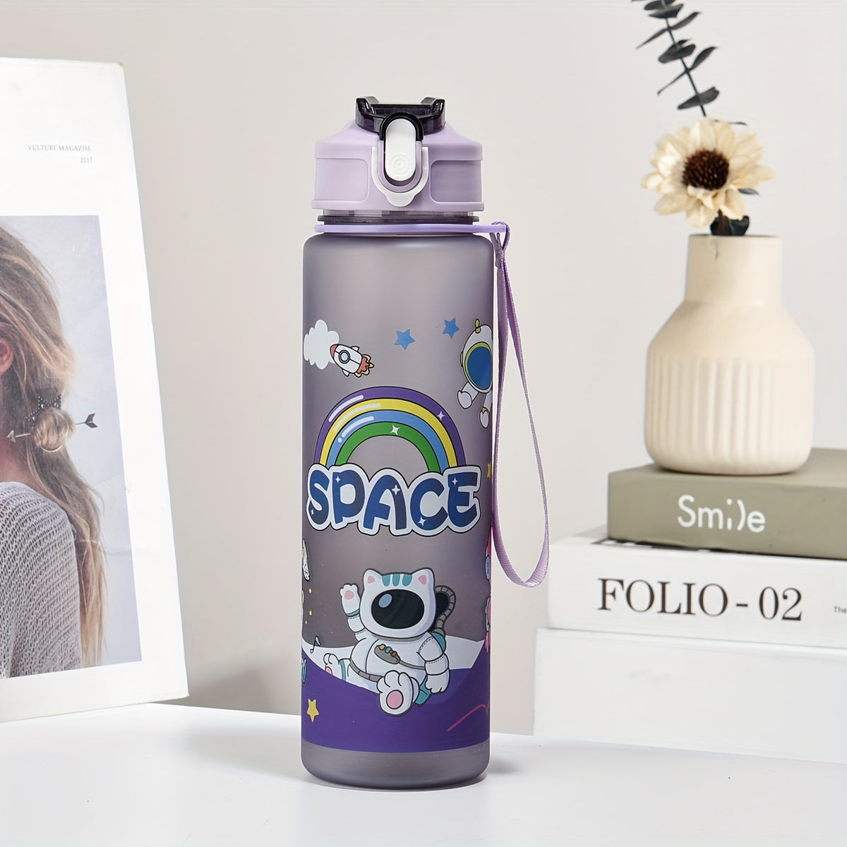 Space-Themed Astronaut Water Bottle with Straw Lightweight PVC-Free for Outdoor and Back-to-School