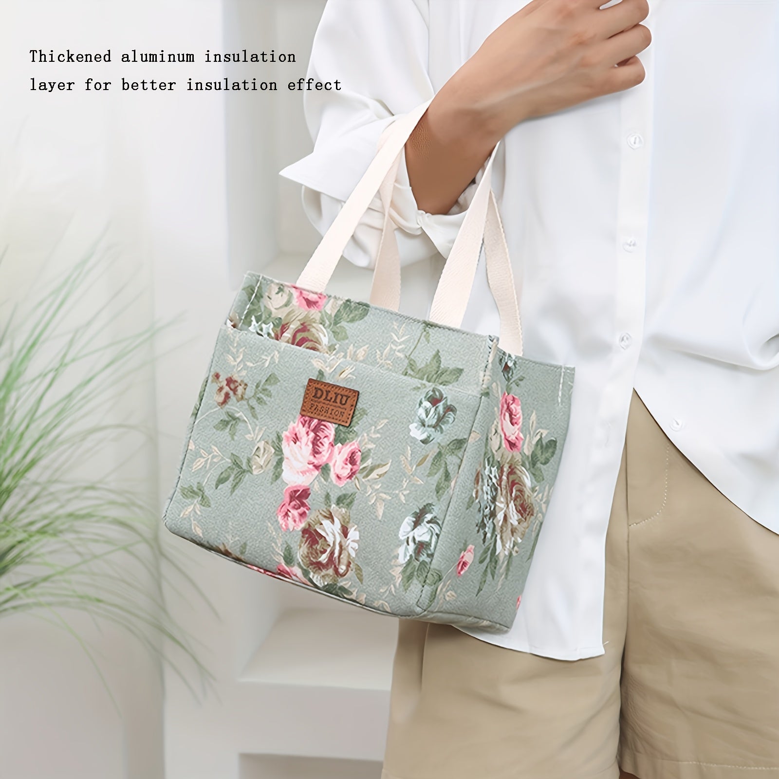 Insulated Floral Lunch Bag with Aluminum Foil, Thermal Tote for Picnics and Travel