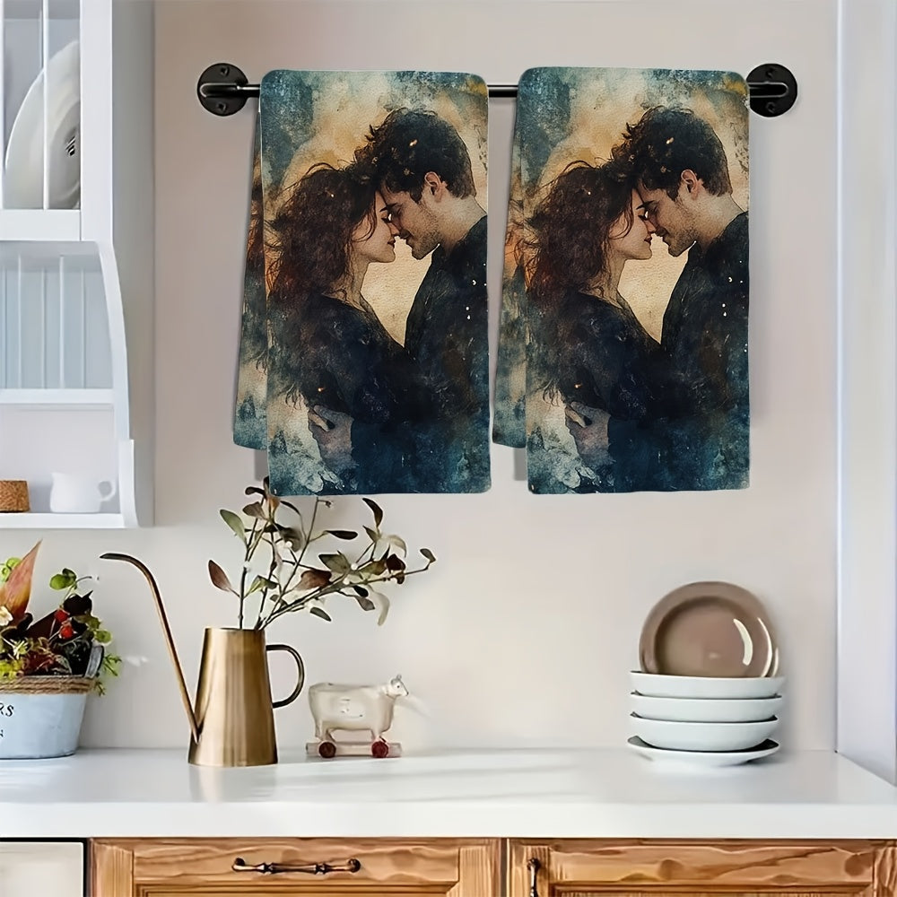2pcs Romantic Watercolor Kitchen Towels Absorbent Dish Hand Towels