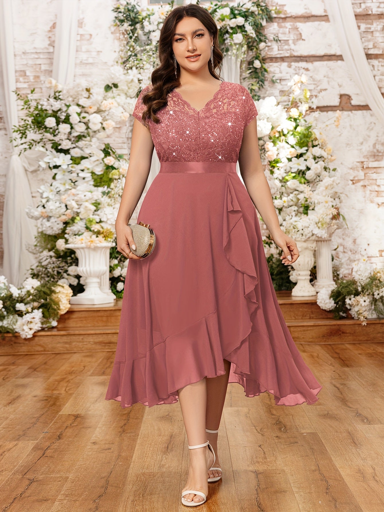 Plus Size Women's V-Neck Midi Dress with Lace and Ruffled Hem for Parties