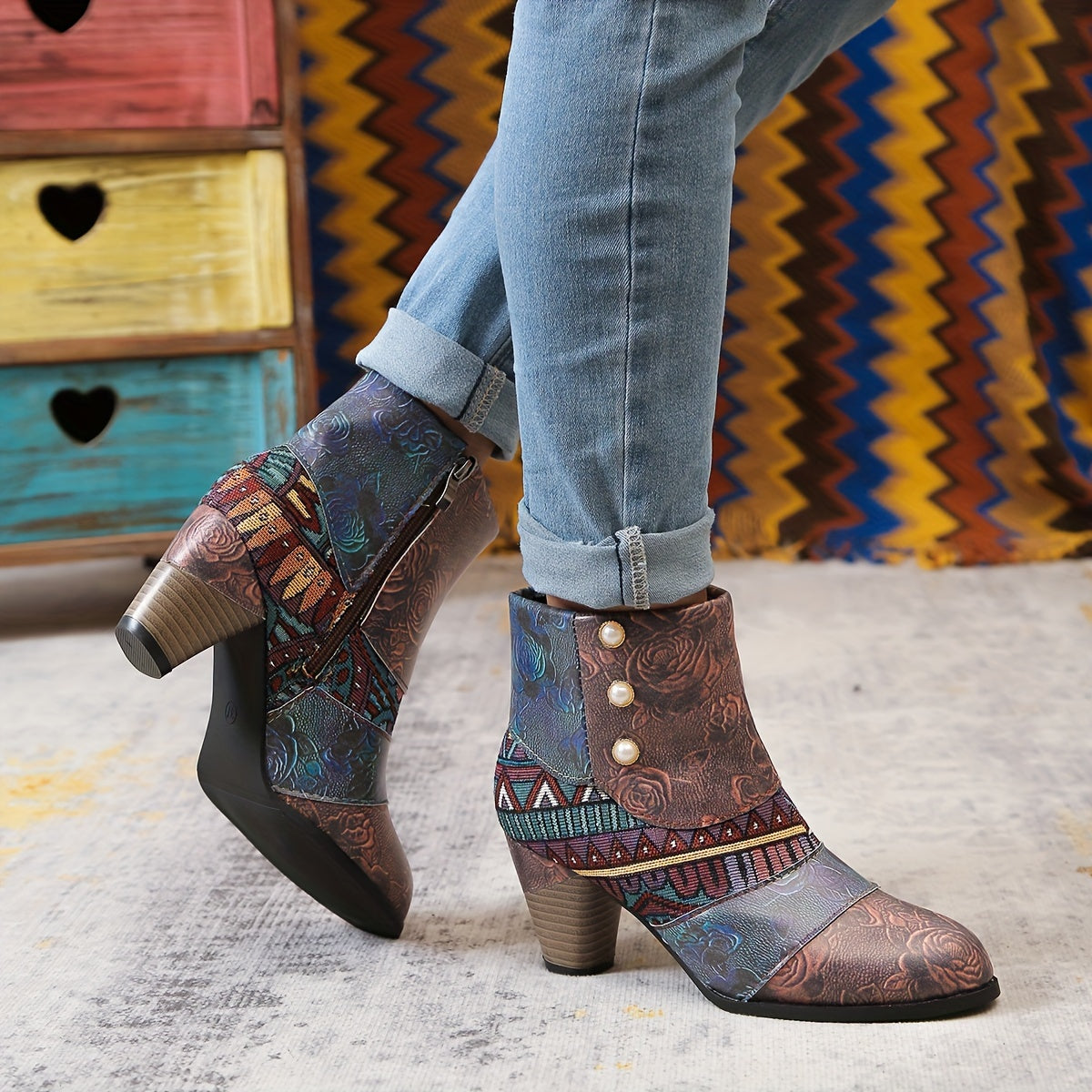 Women Bohemian Ankle Boots Fabric Insole Block Heel with Floral Patterns
