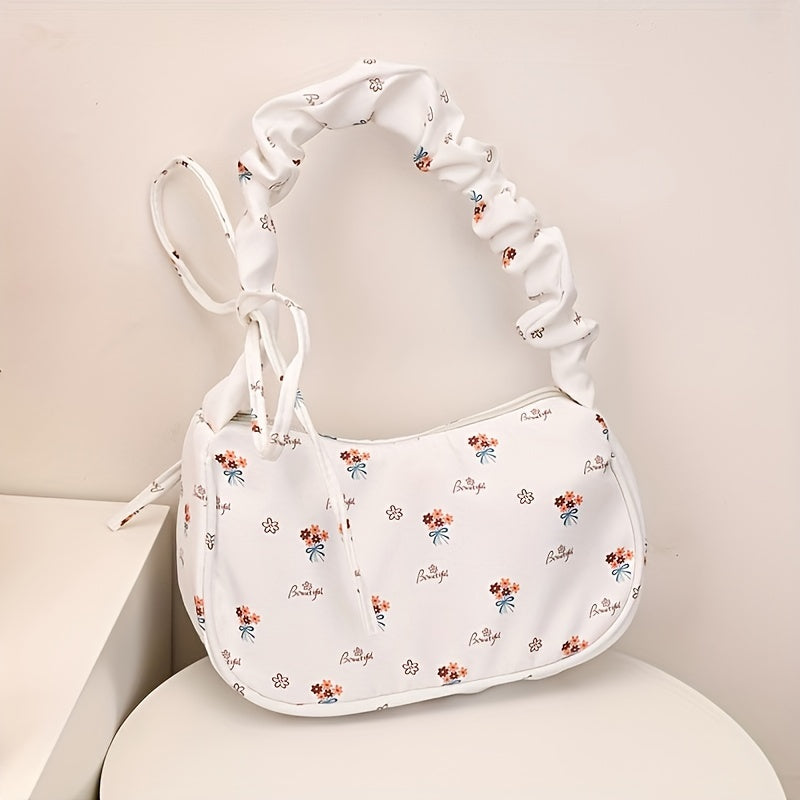 Women's Floral Nylon Shoulder Bag with Fixed Strap and Zipper Closure