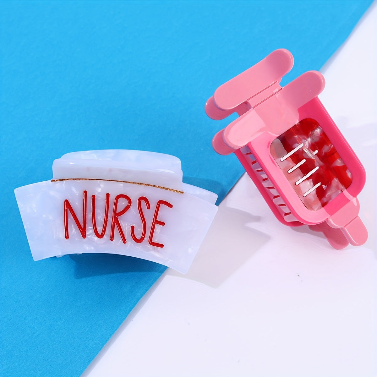 Single Piece Nurse Themed Hair Clip for Medical Professionals Stylish Acetic Acid Oval Claw with Blood Bag Syringe and Chill Pill Design