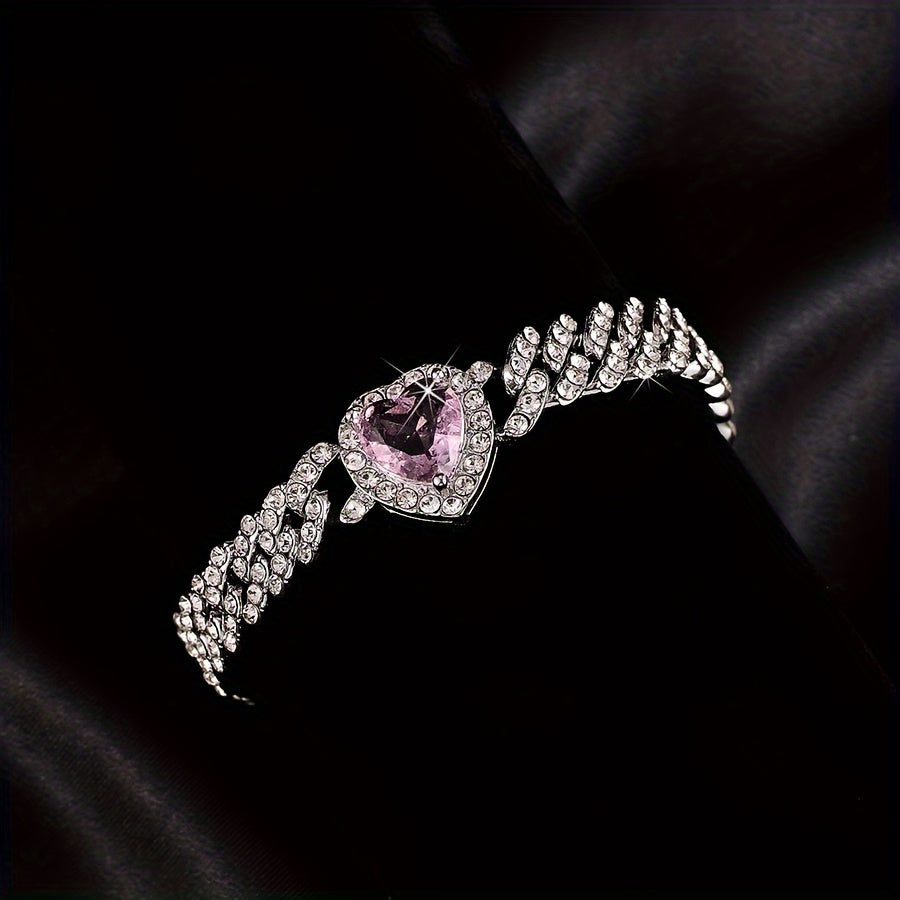 Unisex 8-Inch Hip-Hop Cuban Chain Bracelet with Rhinestone Heart Charm and Synthetic Gemstones